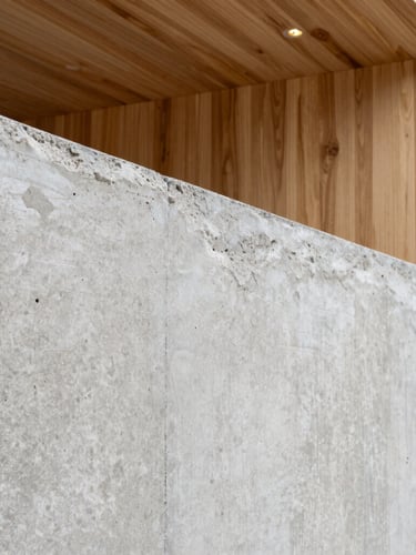 Macro detail of raw concrete texture meeting warm oak wood paneling, architectural lighting, sharp focus on material transition