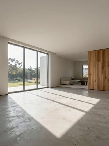 Architectural interior view of a bright open-plan living area, sunlight streaming through large minimalist windows, casting geometric shadows on microcement floor