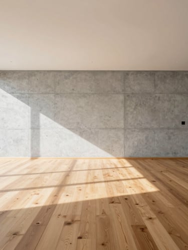 Architectural photography, bright natural daylight, clean minimalist interior with concrete wall and oak wood floor, wide-angle lens, sharp shadows
