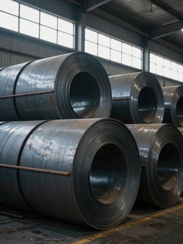 Industrial steel coils stacked in a modern, organized shipping warehouse, cool daylight filtering through high windows, sharp geometric lines.