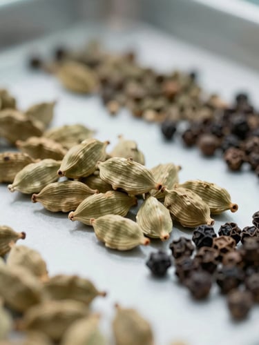 A pristine, close-up shot of raw agricultural spices sorted in a clean-room facility, sharp focus on textured cardamom and black pepper, neutral clinical lighting.