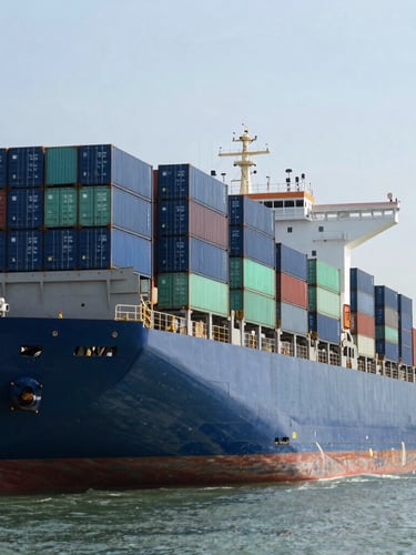 Crisp daylight shot of a massive container ship docked at an Indian deep-water port, loaded with blue and green shipping containers, maritime atmosphere.