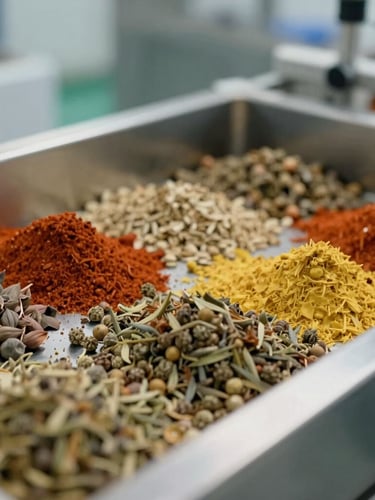 A close-up of sorted grade-A agricultural spices inside a pristine, sterile processing facility, sharp clinical lighting, stainless steel surfaces, focus on quality verification.