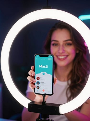 A medium close-up of a professional female creator live-streaming in her home studio, illuminated by vibrant pink and cyan neon ring-lights, holding a smartphone showing the Masti app interface.