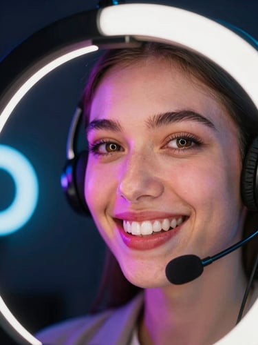 Vibrant close-up of a friendly support agent smiling, neon ring-light reflection in their eyes, soft ambient room lighting, high-contrast dark background, professional creator aesthetic.