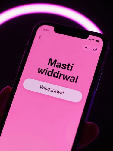 Close-up of a mobile phone screen displaying a successful Masti withdrawal confirmation, vibrant neon pink lighting casting reflections on the screen, dark background.