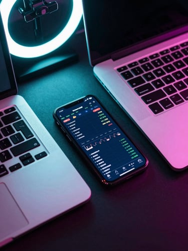 High-angle shot of a modern workspace, a smartphone displaying a financial dashboard next to a laptop, vibrant cyan and pink neon ambient lighting, dark background, sharp focus.