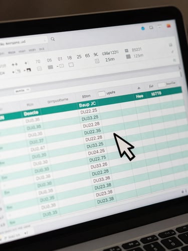 Close-up of a laptop screen showing a spreadsheet with duplicate rows highlighted in muted teal, a cursor hovering over a deduplicate button, high contrast overhead lighting, no people