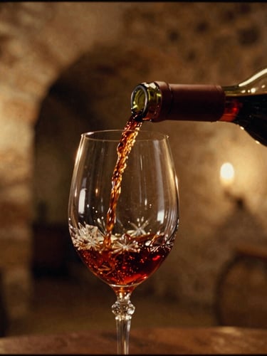 Close-up of Hungarian red wine being poured into a crystal glass inside a historic, dimly lit stone cellar in Tokaj, warm candlelight reflecting on the rich amber liquid, editorial composition, 35mm film.