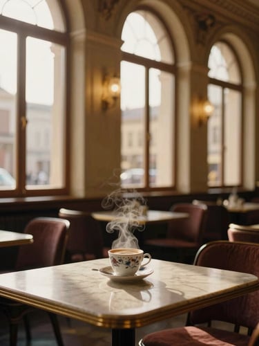 Cinematic wide shot of a historic Budapest cafe interior, warm golden-hour light streaming through tall windows, steam rising from a porcelain coffee cup on a marble table, 35mm film look.