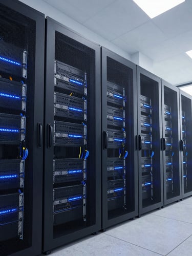 Wide-angle architectural shot of a modern server room with clean blue LED lighting, structured cabling racks perfectly aligned, high-end technical environment.