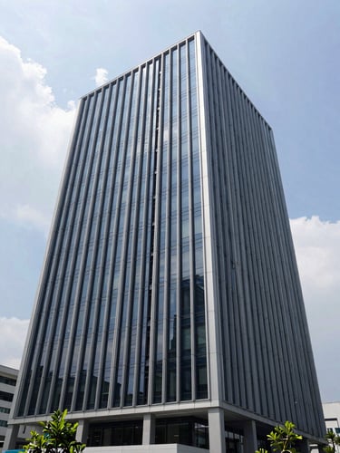 Wide architectural shot of a modern corporate headquarters in Jakarta, clean lines, bright daylight, professional corporate photography with deep navy and cool grey tones