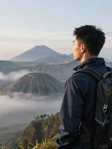 A serene portrait of a modern traveler looking out at a misty Indonesian mountain range at sunrise, clean composition, soft natural morning light.