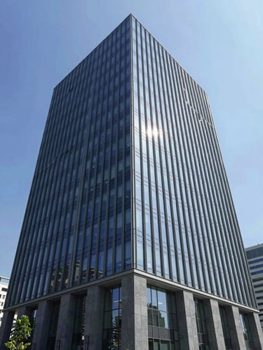 Modern minimalist corporate headquarters glass facade, architectural wide-angle lens, bright daylight, blue sky, professional corporate style.