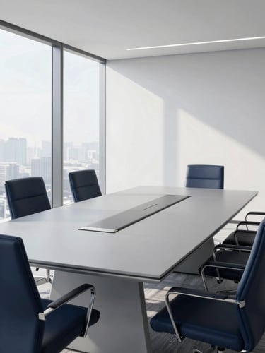 Sleek corporate boardroom table with minimalist chairs, clean slate grey and navy blue aesthetic, bright natural daylight.