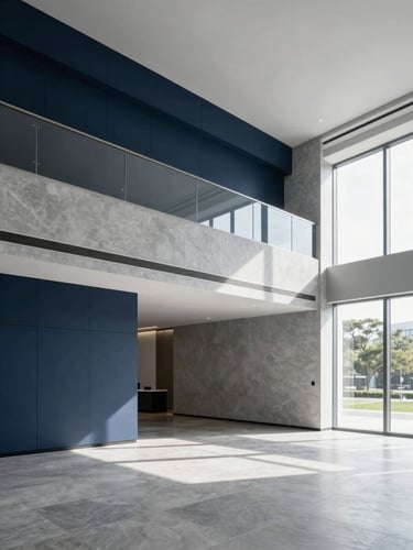A clean, bright corporate office interior with architectural lines, slate grey and navy accents, professional environment