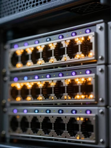 Extreme macro close-up of a physical server rack chassis with glowing amber and violet network indicator lights, sharp focus, dark background.