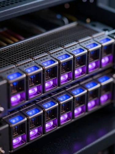 Extreme macro close-up of physical server rack blades glowing with electric cobalt and vivid violet LED lights, high-contrast digital environment, sharp depth of field.