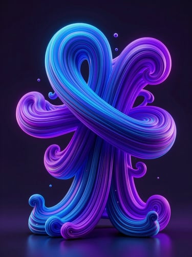 Vibrant, abstract 3D digital sculpture representing complex data flow, neon-infused environment with electric cobalt and vivid violet lighting, dark background.