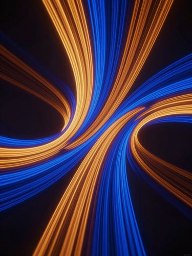 Vibrant abstract 3D digital sculpture representing data flow, high-contrast glowing lines of electric cobalt and warm amber, dark background with deep shadows, extreme macro framing, high-saturation digital glow.