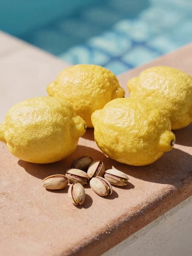 Close-up of rough-skinned Sicilian lemons and unpolished Bronte pistachios on a sun-drenched terracotta ledge, sharp warm shadows, 35mm editorial photography