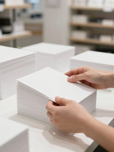 Close-up photograph of hands organizing physical inventory in a bright, modern boutique warehouse, natural daylight, high contrast.