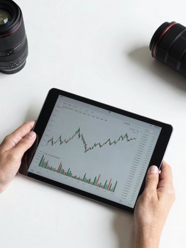 Flat-lay composition of a clean modern workspace, hands using a tablet displaying financial charts, crisp daylight, high-contrast cool tones.