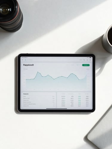 Flat-lay composition of a clean, modern workspace with a tablet showing a simplified financial dashboard, bright natural daylight, crisp cool tones.