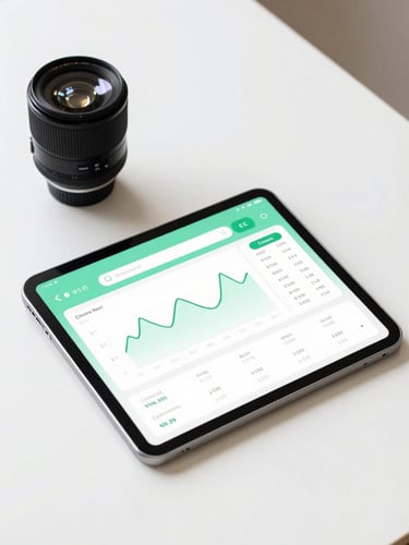 A clean, flat-lay workspace with a tablet showing a simplified financial dashboard with mint green accents, bright natural daylight, 35mm lens