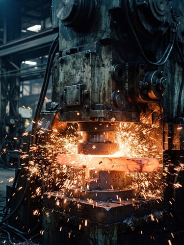 Dramatic close-up of heavy industrial machinery stamping raw steel, cool steel tones with bright safety orange sparks, high-contrast warehouse lighting, sharp 35mm lens.