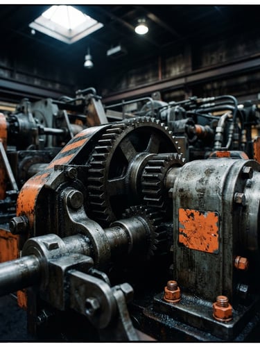 Macro close-up of heavy industrial steel gears and machinery, high-contrast dramatic warehouse lighting, cool steel and safety orange tones, sharp 35mm lens.