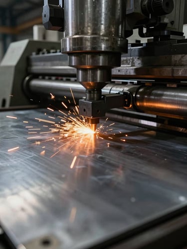 Macro close-up of heavy industrial stamping machinery pressing raw steel sheets, dramatic high-contrast warehouse lighting, safety orange sparks, cool metallic atmosphere.