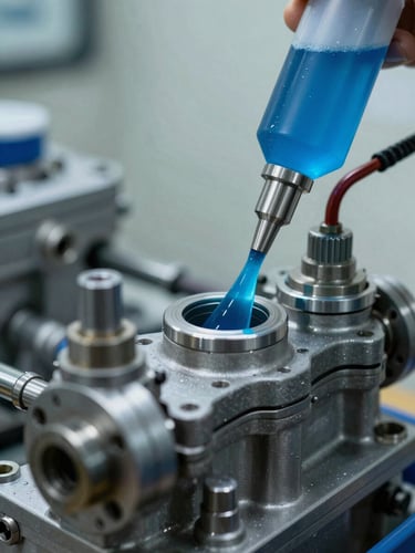 A close-up of a high-pressure marine engine valve with specialized blue-tinted synthetic lubricant being applied, cool industrial lighting.