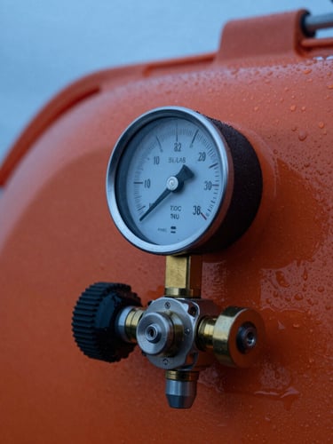Macro technical close-up of a SOLAS-certified orange life raft inflation valve and pressure gauge, wet with sea spray under cool blue hour lighting.