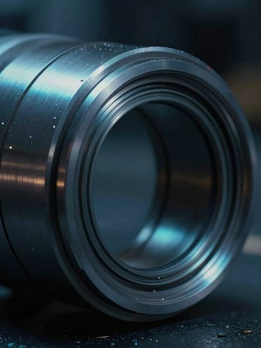 Macro technical close-up of a high-pressure industrial seal, dramatic low-key lighting with cool blue and teal highlights, metallic textures, shallow depth of field.
