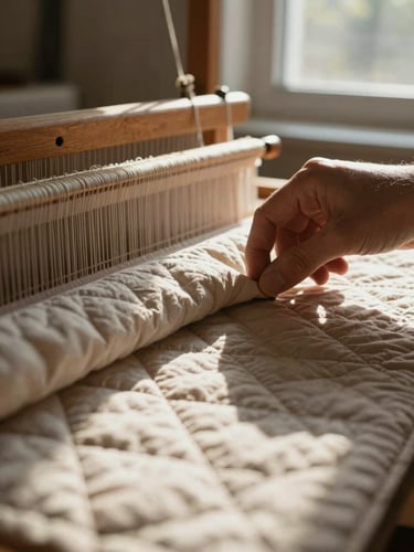 Tight macro shot of human hands adjusting a heavy-gauge quilt on a wooden loom, natural window light, deep shadows, warm tactile photography, 35mm macro lens.