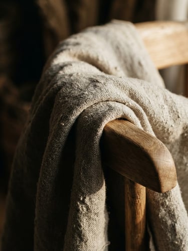 warm tactile photography, low-angle afternoon window light, earthy raw tones, deep shadows, 35mm macro lens, tight macro shot of heavy-gauge undyed linen draped over a minimalist oak chair