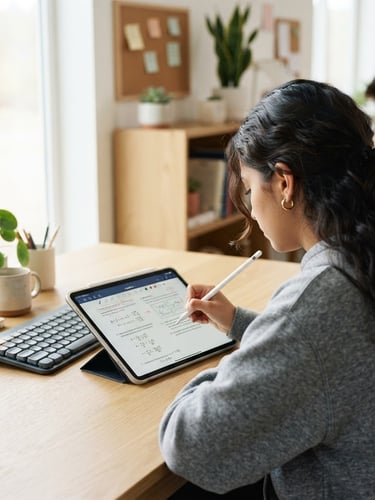 Over-the-shoulder shot of a high-school student actively writing on a digital tablet, bright natural daylight, clean modern study space, soft focus background