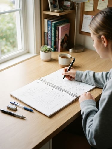 Bright editorial photography of a high-school student's modern study space, natural daylight, clean desk with open notebooks showing hand-drawn physics diagrams, soft focus background, authentic and candid, 35mm lens