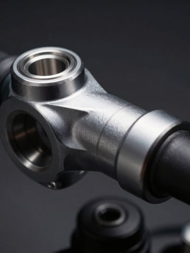 Macro close-up of machined aluminum motorcycle handlebar risers on a dark gray background, dramatic low-key studio lighting with sharp metallic highlights