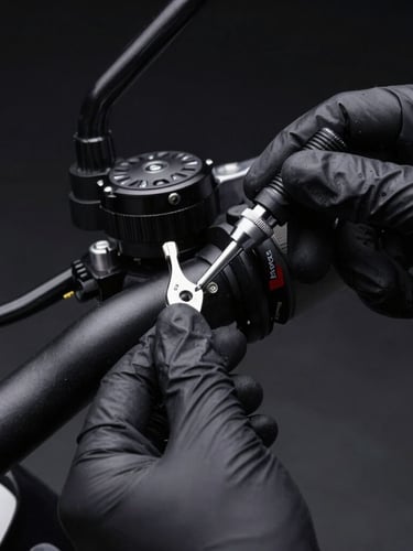 Close-up, detailed shot of a quality control engineer inspecting a motorcycle handlebar grip with precision tools, dramatic low-key studio lighting, matte black and metallic silver tones, sharp macro lens, high-contrast details, portrait aspect