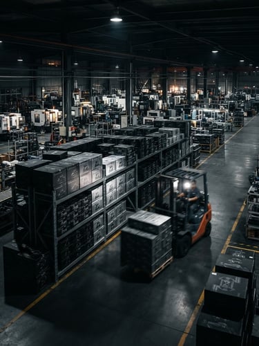 Wide shot of a modern, organized factory floor in Taizhou, China, with neatly stacked motorcycle accessory boxes and a forklift in motion, dramatic low-key studio lighting, matte black and metallic silver tones, sharp macro lens, high-contrast details, panoramic 21:9 frame