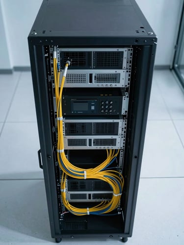 Overhead diagnostic-lab shot of a server rack interior, precise cable routing visible under cold studio strobe lighting, clean white floor beneath, no human presence — controlled infrastructure environment