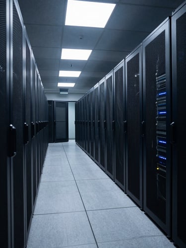 Wide shot of a darkened enterprise data center corridor, overhead diagnostic lighting casting precise blue-white beams on rows of server racks, clean lines receding into depth, no people, shot from left third of frame