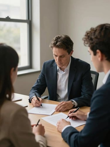 Wide-angle view from behind an advisor seated across a desk from a client, both leaning over printed policy documents, north-facing office daylight through a window to the left, neutral warm walls, a pen mid-motion on the page