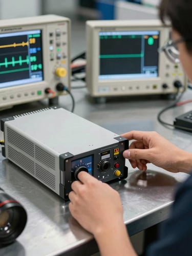 A technician testing an industrial inverter on a metal workbench with digital oscilloscopes and diagnostic equipment showing voltage waves