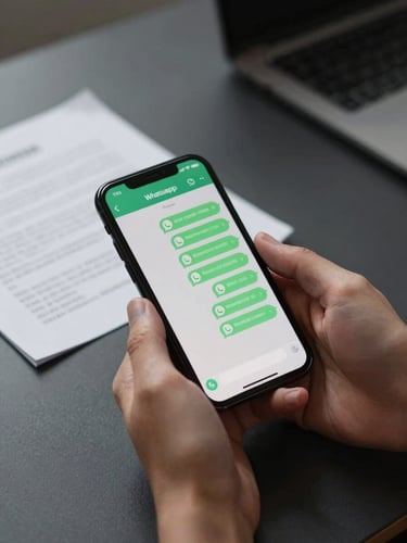 Close-up of hands holding a smartphone displaying a WhatsApp conversation on a minimalist dark desk, soft directional studio light from the left, a folded document visible in the background out of focus