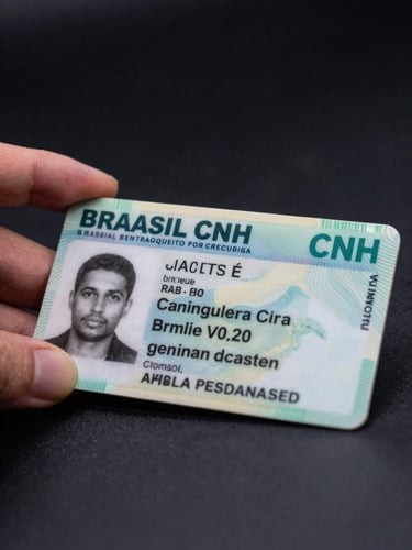 Extreme close-up of a Brazilian CNH driver's license card held flat on a dark matte surface, studio lighting from above, sharp detail on the card's printed text and photo field, deep black background with minimal ambient glow