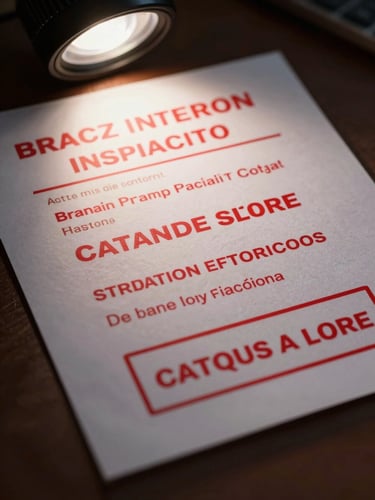 Extreme close-up of a Brazilian traffic infraction notice on a dark desk surface, the document's red text and stamp sharply lit by a single cold overhead light, edges of the paper slightly curled, background deep shadow