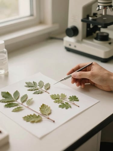 A clean laboratory-style diagnostic tool beside fresh botanical specimens on a warm cream counter, soft natural light, warm editorial clinical photography, 35mm.